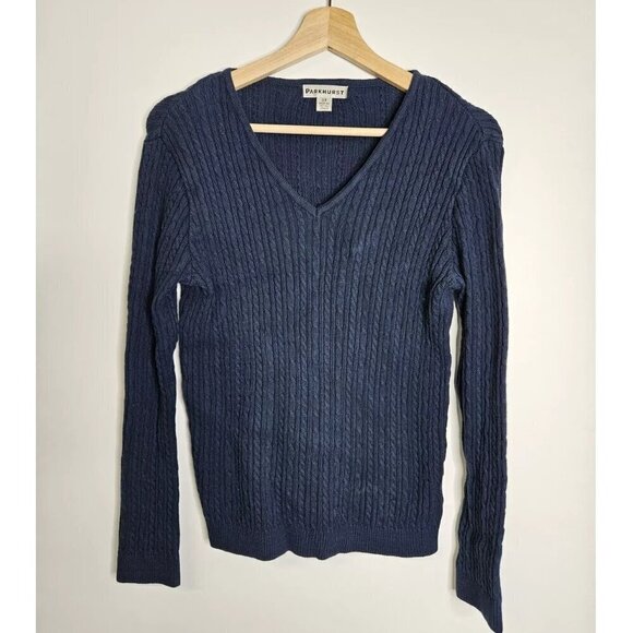 Park Hurst Blue V Neck Cable Knit Sweater Women's Size Small 100 Percent Cotton - Picture 1 of 6